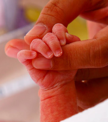 A mother and baby hold
                  hands