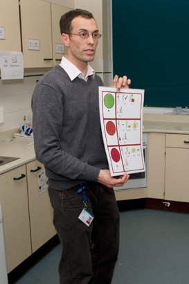 A teacher holds up a 'traffic
                  light' card