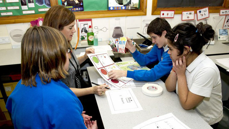 A teacher and three children
                  gathered around a table