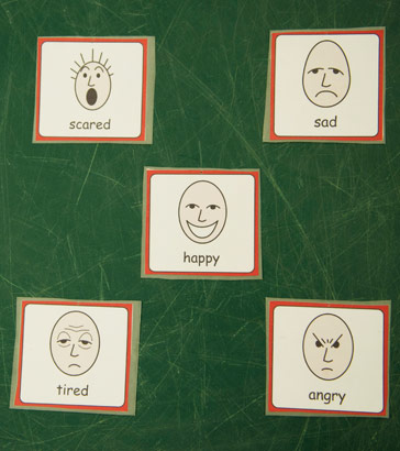 Emotion cards showing a scared
                  face, sad face, happy face, tired face and angry face