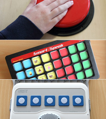 hand pressing large red switch, A VOCA device
                  that can be worn by a child and a Smart Speak device.