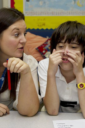 Adult and girl at James Rennie school