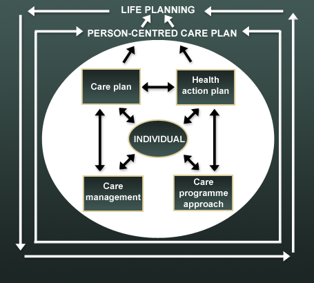 Diagram showing the 'Individual' at centre
                  who is inter-connected by double headed arrows with the 'Care plan', the 'Health action
                  plan', the 'Care programme approach' and 'Care management'. These last four elements
                  are additionally inter-connected with each other. All of these elements are wrapped
                  by and connected by single-headed arrows to the 'Person-centred plan'. This in turn
                  is wrapped by and connected with single-headed arrows to 'Life planning' 
