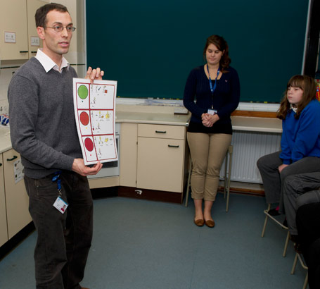 A science teacher stands in front
                  of his class holding up a self-assessment card