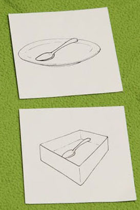 Two line drawings of a spoon, a box and a plate in various relative positions